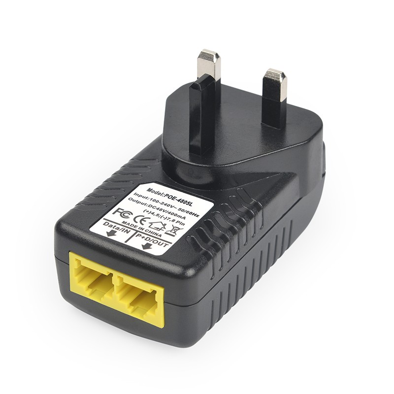 Passive UK standard plug-in 48V 0.5A POE4805 high working efficiency of 90-264VAC wide voltage input PoE Injector